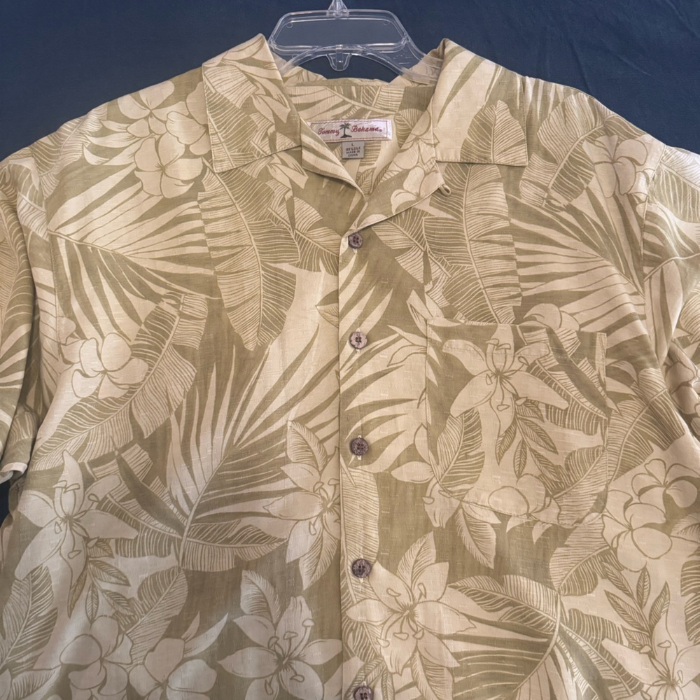 Tommy Bahama Leaf Pattern Silk Shirt - Olive and Cream